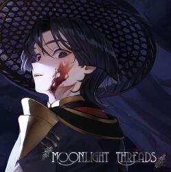 Rule 34 | 1boy, black eyes, black hair, blood, blood on face, close-up, dark background, fangs, genshin impact, glowing, glowing eyes, highres, japanese clothes, kimono, looking at viewer, looking back, looking down, night, night sky, open mouth, portrait, purple kimono, red pupils, scaramouche (genshin impact), sevkyi, short hair, simple background, sky, solo, star (sky), starry sky, teeth, upper teeth only