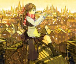 Rule 34 | 1girl, apron, bad drawr id, bad id, bird, black cat, black dress, black shirt, black socks, brick, brown hair, building, cat, cathedral, character request, chimney, copyright request, dress, hair ribbon, holding, holding instrument, holding trombone, instrument, kneehighs, long hair, long sleeves, music, oekaki, on roof, playing instrument, pleated skirt, profile, red ribbon, red scarf, ribbon, rooftop, scarf, shirt, sitting, sitting on roof, skirt, socks, solo, striped clothes, striped scarf, suya000, trombone, vertical-striped clothes, vertical-striped scarf, white apron, white bird, white sleeves, yellow theme