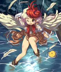 Rule 34 | 1girl, animal, bird, bird wings, blonde hair, blush, chick, dress, feathered wings, highres, multicolored hair, niwatari kutaka, one eye closed, open mouth, orange dress, red eyes, red hair, shirt, short hair, short sleeves, solo, syope, torn clothes, torn dress, torn shirt, touhou, two-tone hair, white shirt, wings, yellow wings