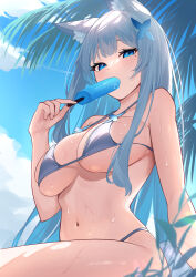 Rule 34 | 1girl, absurdres, alternate costume, animal ear fluff, animal ears, azur lane, bare shoulders, bikini, blue bikini, blue eyes, blue sky, breasts, butterfly hair ornament, cloud, cloudy sky, food, food in mouth, fox ears, fox girl, grey hair, hair ornament, hand up, highres, holding, holding food, holding popsicle, large breasts, light blush, long hair, looking at viewer, mole, mole under eye, navel, outdoors, palm tree, popsicle, shinano (azur lane), sky, solo, stomach, swimsuit, tree, waka (user unuj5373), wet