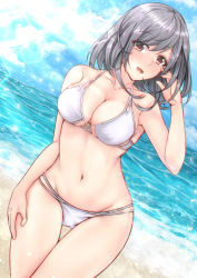 Rule 34 | 1girl, aga marino, bad id, bad pixiv id, beach, bikini, black hair, breasts, cleavage, collarbone, commentary request, curvy, day, dutch angle, gluteal fold, groin, horizon, kantai collection, large breasts, looking at viewer, navel, ocean, open mouth, short hair, smile, solo, sparkle, standing, swimsuit, thigh gap, white bikini, yamashiro (kancolle)