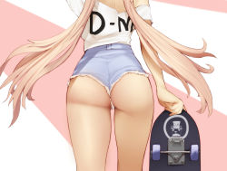 Rule 34 | 1girl, ass, blonde hair, blue shorts, clothes writing, cutoffs, facing away, from behind, highres, holding, long hair, lower body, milk-doll, multicolored hair, original, shirt, short shorts, short sleeves, shorts, skateboard, solo, standing, thighs, twintails, two-tone hair, very long hair, white shirt