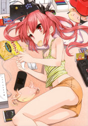 Rule 34 | 1girl, absurdres, atari, atari lynx, blush, casual, chips (food), console, controller, cthugha (nyaruko-san), cthulhu, flat chest, food, game console, game controller, gamepad, haiyore! nyaruko-san, handheld game console, highres, koin (foxmark), long hair, lying, mouth hold, nintendo, official art, on side, playing games, potato chips, red eyes, red hair, sega, sega mega drive, shorts, solo, tank top, twintails, very long hair, virtual boy