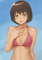 Rule 34 | 1girl, arm at side, bikini, blue background, breasts, brown hair, cleavage, collarbone, eyebrows, fingernails, gradient background, grin, halterneck, hand on own chest, kaminagi ryouko, long fingernails, looking at viewer, medium breasts, nail polish, navel, open mouth, pink bikini, pink nails, ranma (kamenrideroz), short hair, simple background, smile, solo, string bikini, swimsuit, teeth, toned, upper body, yellow eyes, zegapain