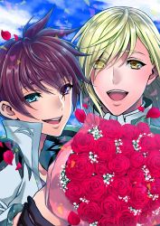 Rule 34 | 2boys, :d, asbel lhant, blue eyes, blue sky, bouquet, brown hair, cloud, cloudy sky, eyes visible through hair, flower, green hair, heterochromia, looking at viewer, male focus, multiple boys, open mouth, purple eyes, red flower, red rose, richard (tales), rose, sky, smile, tales of (series), tales of graces, upper body, usagi nagomu, yellow eyes
