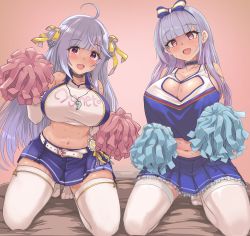 Rule 34 | 2girls, ahoge, alternate breast size, azur lane, bare shoulders, belt, blue skirt, blush, breasts, character name, cheerleader, choker, cleavage, cleavage cutout, clothing cutout, collarbone, commentary request, cygnet (azur lane), cygnet (royal fanfare) (azur lane), dido (azur lane), elbow gloves, gloves, hair ribbon, hairband, head tilt, heart cutout, highres, kneeling, large breasts, long hair, looking at viewer, midriff, multiple girls, navel, open mouth, pink eyes, pleated skirt, pom pom (cheerleading), red eyes, ribbon, shirt, silver hair, skirt, sleeveless, sleeveless shirt, smile, sweat, thighhighs, two-tone shirt, upanishi mariko, whistle, whistle around neck, white gloves, white legwear, yellow ribbon