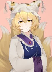 Rule 34 | 1girl, animal ears, blonde hair, breasts, dress, fox ears, fox girl, fox tail, hair between eyes, hands in opposite sleeves, hat, highres, large breasts, looking at viewer, majime joe, mob cap, multiple tails, open mouth, pink background, short hair, simple background, sleeves past fingers, sleeves past wrists, solo, tabard, tail, touhou, upper body, white dress, white hat, wide sleeves, yakumo ran, yellow eyes