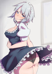 Rule 34 | 1girl, ass, black panties, black skirt, black vest, blue eyes, blush, braid, breasts, closed mouth, commentary request, covered erect nipples, cowboy shot, frilled skirt, frills, from behind, grey hair, hand on own ass, highres, izayoi sakuya, large breasts, looking at viewer, looking back, maid, maid headdress, panties, puffy short sleeves, puffy sleeves, short hair, short sleeves, skirt, solo, touhou, twin braids, underwear, vest, wedgie, yocchi (tenyunkel)