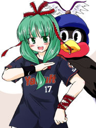 Rule 34 | 1girl, alternate costume, animal costume, blunt bangs, blush, bow, female focus, front ponytail, green eyes, green hair, hair bow, hair ribbon, kagiyama hina, looking at viewer, matching hair/eyes, open mouth, penguin costume, red bow, red ribbon, ribbon, short sleeves, simple background, solo, touhou, upper body, wrist cuffs