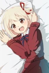 Rule 34 | 1girl, absurdres, bed sheet, blonde hair, blue ribbon, blush, commentary, eyelashes, grey jacket, grey skirt, hair between eyes, hair ribbon, hands up, happy, head on pillow, highres, jacket, long sleeves, looking at viewer, lycoris recoil, lycoris uniform, lying, multicolored clothes, multicolored jacket, nishikigi chisato, oekakiism, on back, one side up, open mouth, pillow, pillow grab, red eyes, red jacket, red ribbon, red skirt, ribbon, round teeth, short hair, skirt, smile, solo, teeth, two-tone jacket, two-tone skirt, upper teeth only, wide-eyed