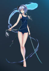 Rule 34 | 1girl, bare shoulders, barefoot, blue eyes, blue one-piece swimsuit, bob cut, collarbone, crossed legs, dual wielding, flower, full body, gradient background, green background, hairband, highres, hitodama, holding, holding sword, holding weapon, katana, konpaku youmu, konpaku youmu (ghost), legs, legs together, long legs, long sleeves, looking at viewer, nian (zhanian), one-piece swimsuit, pants, scabbard, school swimsuit, sheath, short hair, silver hair, skinny, slender, solo, standing, swimsuit, sword, tassel, thigh gap, thighs, toes, touhou, tsurime, unsheathing, walking, weapon