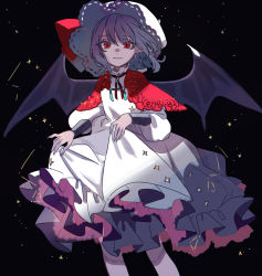 Rule 34 | 1girl, absurdres, bat wings, black background, brooch, capelet, closed mouth, commentary, constellation, cowboy shot, dress, frilled dress, frills, hat, highres, jewelry, light smile, long sleeves, looking at viewer, medium hair, mob cap, neckerchief, purple hair, red capelet, red eyes, red neckerchief, remilia scarlet, shi chimi, skirt hold, solo, star (sky), touhou, white dress, white hat, wings