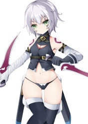 Rule 34 | 1girl, absurdres, arm belt, bandaged arm, bandages, bare shoulders, black gloves, black panties, black thighhighs, blush, breasts, cleavage cutout, clothing cutout, crop top, dagger, dual wielding, facial scar, fate/apocrypha, fate/grand order, fate (series), fingerless gloves, gloves, green eyes, grey hair, highres, holding, holding dagger, holding knife, holding weapon, jack the ripper (fate/apocrypha), knife, looking at viewer, navel, panties, scar, scar across eye, scar on cheek, scar on face, sheath, short hair, shoulder tattoo, single glove, small breasts, solo, tattoo, thighhighs, underwear, weapon