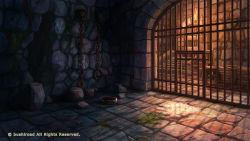 Rule 34 | bars, bowl, chain, chair, company name, crate, cuffs, door, dungeon, fantasy, granadia saga, hole in wall, indoors, moss, no humans, official art, prison, puddle, rock, scenery, shackles, shadow, shiki makoto, stairs, stone floor, stone wall, torch, wall, watermark
