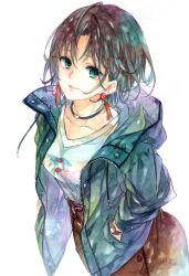 Rule 34 | 1girl, asakura toru, blue eyes, blue hair, blue jacket, brown skirt, closed mouth, collarbone, commentary, earrings, hands in pockets, highres, hood, hooded jacket, idolmaster, idolmaster shiny colors, jacket, jewelry, ji n gu, long sleeves, looking at viewer, multicolored hair, necklace, open clothes, open jacket, painting (medium), parted bangs, purple hair, shirt, short hair, simple background, skirt, solo, traditional media, two-tone hair, watch, watercolor (medium), white background, white shirt, wristwatch