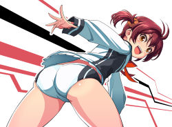 Rule 34 | 1girl, ass, blush, brown eyes, brown hair, from behind, hair ornament, isshiki akane, leaning forward, looking back, michairu, open mouth, school uniform, short hair, short shorts, shorts, smile, solo, twintails, vividred operation