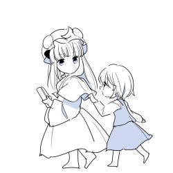 Rule 34 | 2girls, aged down, book, capelet, commentary request, crescent, crescent pin, dress, eye contact, from side, fumikiri (dake no hito), hat, height difference, holding, holding book, izayoi sakuya, long hair, long sleeves, looking at another, looking back, mob cap, monochrome, multiple girls, patchouli knowledge, short hair, simple background, sketch, touhou, walking, white background, wide sleeves