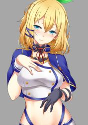 Rule 34 | 10s, 1girl, armband, asya, blonde hair, blue eyes, blush, bow, breasts, cape, capelet, commentary request, detached collar, gloves, grey background, hair bow, hand on own chest, hand on own stomach, highres, medium breasts, midriff, navel, rokudenashi majutsu koushi to akashic record, rumia tingel, school uniform, short hair, simple background, single glove, solo, upper body, wristband