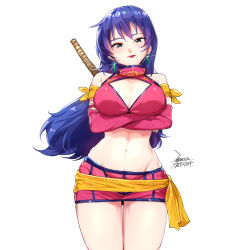 Rule 34 | 1girl, bare shoulders, blue hair, breasts, chuuka ichiban!, cleavage, cleavage cutout, clothing cutout, cowboy shot, crossed arms, detached sleeves, earrings, ejami, green eyes, groin, head tilt, jewelry, large breasts, long hair, looking at viewer, microskirt, midriff, nail polish, navel, pink skirt, red lips, red nails, sash, shan (chuuka ichiban!), simple background, skirt, skirt set, smile, smirk, solo, turtleneck, white background