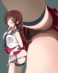 Rule 34 | 10s, 1girl, ass, asymmetrical legwear, bare shoulders, black panties, black thighhighs, blush, braid, breasts, brown hair, cameltoe, clothes lift, commentary request, from below, garter straps, gloves, green eyes, highres, kantai collection, large breasts, lifted by self, long hair, looking at viewer, mtu (orewamuzituda), multiple views, necktie, noshiro (kancolle), open mouth, panties, panty pull, pleated skirt, school uniform, serafuku, skirt, skirt lift, sleeveless, swept bangs, thighhighs, twin braids, underwear, uneven legwear, upskirt, white gloves