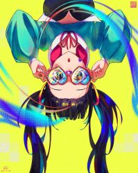 Rule 34 | 1girl, adjusting eyewear, alternate hair color, aqua hair, aqua jacket, artist logo, black hair, blue-tinted eyewear, blush, commentary, dated, english commentary, eruhanami, forehead, hair ornament, hands up, hatsune miku, heart, heart-shaped eyewear, jacket, long hair, long sleeves, looking at viewer, multicolored hair, open mouth, simple background, solo, streaked hair, tinted eyewear, twintails, upper body, upside-down, very long hair, vocaloid, yellow background