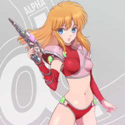 Rule 34 | 1girl, alpha (game), bikini, blue eyes, breasts, chris (alpha), copyright name, cowboy shot, gem, gun, highres, holding, holding gun, holding weapon, lips, navel, orange hair, parted lips, red bikini, shoulder guard, sidelocks, small breasts, solo, square enix, stomach, swimsuit, vambraces, weapon, yazwo