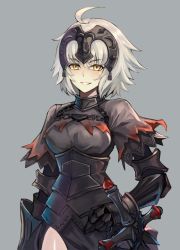 Rule 34 | 1girl, ahoge, arm at side, armor, armored dress, blush, breasts, chain, commentary request, cowboy shot, fate/grand order, fate (series), fur trim, gauntlets, grey background, headpiece, highres, jeanne d&#039;arc (fate), jeanne d&#039;arc alter (avenger) (fate), jeanne d&#039;arc alter (fate), looking at viewer, medium breasts, short hair, silver hair, simple background, smile, solo, sword, teeth, weapon, yellow eyes, yu kitsune