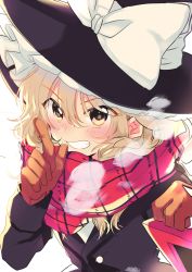 Rule 34 | 1girl, absurdres, black hat, blonde hair, breath, coat, enpera, eyes visible through hair, finger to mouth, gloves, grin, hair between eyes, hat, hat ribbon, highres, kirisame marisa, looking at viewer, poprication, ribbon, scarf, short hair, simple background, smile, solo, teeth, touhou, v-shaped eyebrows, white background, winter clothes, witch hat, yellow eyes