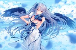 Rule 34 | 1girl, ahoge, blue flower, blue ribbon, blue sky, blurry, blush, bow (music), breasts, cleavage, closed mouth, cloud, cloudy sky, commentary request, dress, feathered wings, floating hair, flower, grey hair, hair flower, hair ornament, highres, holding, holding instrument, holding violin, instrument, large breasts, long hair, looking at viewer, music, no panties, original, petals, playing instrument, red eyes, ribbon, rose, see-through, sidelocks, sky, sleeveless, sleeveless dress, smile, solo, two side up, very long hair, violin, white dress, wings, yashiro seika