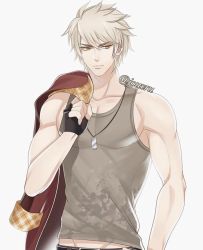Rule 34 | 1boy, artist name, biceps, gloves, jacket, jacket on shoulders, jewelry, jouvru, looking to the side, male focus, muscular, navel, necklace, original, pectorals, tank top, white hair, yellow eyes