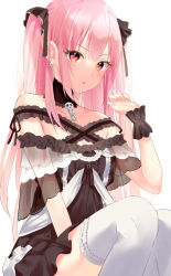 Rule 34 | 1girl, bad id, bad pixiv id, bare shoulders, black dress, collarbone, detached collar, dress, earrings, frilled dress, frilled straps, frilled thighhighs, frills, hand up, hololive, jewelry, long hair, looking at viewer, negima (le ne38), off-shoulder dress, off shoulder, pink hair, red eyes, see-through, see-through sleeves, short dress, short sleeves, simple background, sitting, skull earrings, solo, thighhighs, two side up, uruha rushia, uruha rushia (3rd costume), virtual youtuber, white background, white thighhighs, wristband
