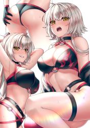 1girl ahoge armpits arms_behind_head arms_up ass ass_grab bare_shoulders bikini black_bikini black_choker black_gloves black_jacket blush breasts choker cleavage commentary_request cowboy_shot fate/grand_order fate_(series) gloves groin highres jacket unworn_jacket jeanne_d&#039;arc_alter_(swimsuit_berserker)_(fate) jeanne_d&#039;arc_(fate) jeanne_d&#039;arc_alter_(fate) jeanne_d&#039;arc_alter_(swimsuit_berserker)_(fate) large_breasts long_hair multiple_views navel o-ring o-ring_bikini o-ring_bottom o-ring_top open_mouth red_thighhighs saruei silver_hair single_thighhigh smile stomach sweatdrop swimsuit thigh_strap thighhighs thighs very_long_hair yellow_eyes