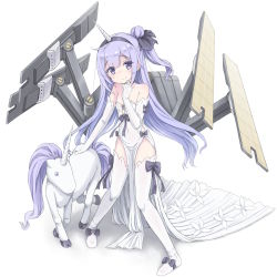 Rule 34 | 1girl, animal, azur lane, bare shoulders, black ribbon, blush, closed mouth, collarbone, commentary request, dress, elbow gloves, full body, gloves, hair bun, hair ribbon, head tilt, highres, horns, kimagure blue, legs apart, long hair, looking at viewer, machinery, one side up, pelvic curtain, purple eyes, purple hair, ribbon, shoes, side bun, simple background, single hair bun, single horn, single side bun, smile, solo, standing, strapless, strapless dress, thighhighs, unicorn, unicorn (azur lane), very long hair, white background, white dress, white footwear, white gloves, white thighhighs