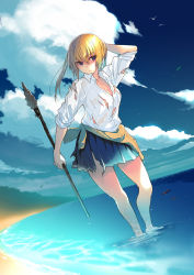 Rule 34 | 1girl, absurdres, beach, bird, blonde hair, blue eyes, breasts, cleavage, clothes around waist, cloud, commentary request, day, dutch angle, highres, medium breasts, miniskirt, ocean, official art, onishima homare, outdoors, pleated skirt, polearm, sagara riri, school uniform, seagull, shirt, skirt, sky, sleeves rolled up, solo, sounan desuka?, spear, standing, torn clothes, torn shirt, torn skirt, twintails, wading, water, weapon, white shirt, wind