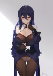 Rule 34 | 1girl, absurdres, black gloves, black hair, blue hair, blush, braid, breasts, brown pantyhose, cleavage, closed mouth, corset, cowboy shot, fingerless gloves, gloves, hair between eyes, hair ribbon, highres, iron saga, large breasts, long hair, long sleeves, looking at viewer, mole, mole on breast, oboro (iron saga), panties, panties under pantyhose, pantyhose, red eyes, ribbon, shrug (clothing), solo, thigh gap, underwear, undressing, very long hair, yueguang zhanglang