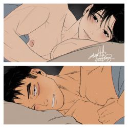 Rule 34 | 2boys, artist name, bara, bed, bed sheet, black hair, blush, kashikahaya, large pectorals, male focus, multiple boys, muscular, muscular male, nipples, original, pectoral cleavage, pectorals, pillow, scar, scar on face, sideburns, smile, thick eyebrows, topless male, yaoi