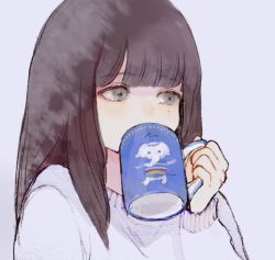Rule 34 | 1girl, animal print, bad id, bad pixiv id, blunt bangs, brown hair, cup, dot nose, drink, drinking, elephant, expressionless, eyelashes, from side, grey eyes, hand up, holding, holding cup, long hair, long sleeves, looking away, mole, mole under eye, mug, original, print mug, purple background, signature, simple background, solo, striped, sweater, tareme, upper body, yorunogumo