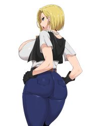 Rule 34 | 1girl, android 18, ass, blonde hair, blue eyes, breasts, denim, dragonball z, earrings, from behind, frown, gloves, hand on own hip, highres, huge ass, huge breasts, jeans, jewelry, looking at viewer, looking down, open mouth, pants, shiny clothes, shirt, short hair, sideboob, solo, thick thighs, thighs, timaturixp, white background