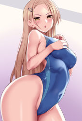 Rule 34 | 1girl, blonde hair, blue one-piece swimsuit, breasts, brown eyes, commentary request, covered navel, cowboy shot, curvy, hair ornament, hairclip, hands on own chest, highleg, highleg swimsuit, huyumitsu, long hair, medium breasts, one-piece swimsuit, original, shiny skin, solo, standing, swimsuit, very long hair, wide hips