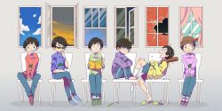Rule 34 | 10s, 6+boys, :3, :d, adjusting eyewear, ahoge, bandages, barefoot, baseball bat, beanie, between legs, black eyes, black hair, blue footwear, blue pants, blue sky, blush, book, broken glass, brothers, carrying over shoulder, cattail, chair, closed mouth, cloud, crossed legs, cup, curtains, drinking glass, dusk, flower, framed, frown, glass, green footwear, grin, hand between legs, hands on own knees, hat, heart, heart in mouth, higashi (azm), highres, holding, holding book, holding weapon, hood, hoodie, hugging own legs, indoors, kneehighs, leaning back, legs together, lineup, long sleeves, looking at viewer, looking away, male focus, matsuno choromatsu, matsuno ichimatsu, matsuno jyushimatsu, matsuno karamatsu, matsuno osomatsu, matsuno todomatsu, multiple boys, no shoes, on chair, open book, open mouth, osomatsu-kun, osomatsu-san, pants, plant, print shirt, profile, red flower, red footwear, sextuplets, shaded face, shards, shirt, shoe dangle, shoes, shorts, siblings, sitting, sky, sleeves past wrists, sleeves rolled up, slippers, unworn slippers, smile, socks, star (sky), sunglasses, swept bangs, track pants, twilight, weapon, window