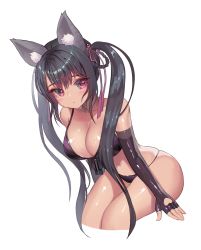 Rule 34 | 1girl, animal ears, annie (destiny child), bare shoulders, bikini, black gloves, black hair, braid, braided hair rings, breasts, cleavage, closed mouth, clothing cutout, collarbone, destiny child, elbow gloves, fingerless gloves, fox ears, front-tie bikini top, front-tie top, gloves, hair ribbon, hair rings, heart cutout, highres, large breasts, leaning forward, long hair, looking at viewer, myabit, navel, pink eyes, purple bikini, ribbon, sidelocks, simple background, sitting, skindentation, solo, stomach, string bikini, swimsuit, thighs, twintails, very long hair, wet, white background