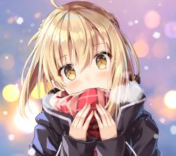Rule 34 | 1girl, ahoge, artoria pendragon (all), artoria pendragon (fate), bad id, bad pixiv id, black-framed eyewear, black jacket, blonde hair, blurry, blush, bokeh, braid, breath, covered mouth, depth of field, fate/grand order, fate (series), glasses, hair between eyes, head tilt, jacket, long sleeves, looking at viewer, mysterious heroine x alter (fate), mysterious heroine x alter (first ascension) (fate), no eyewear, plaid, plaid scarf, red scarf, rin yuu, saber (fate), scarf, scarf over mouth, solo, upper body, yellow eyes