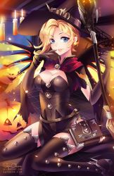 Rule 34 | 1girl, blonde hair, blue eyes, book, breasts, brooch, broom, brown gloves, brown thighhighs, candle, capelet, cleavage, earrings, elbow gloves, eyes visible through hair, finger to mouth, gloves, glowing, glowing wings, halloween, halloween costume, hat, highres, jack-o&#039;-lantern, jack-o&#039;-lantern earrings, jewelry, light particles, looking at viewer, mechanical wings, medium breasts, mercy (overwatch), official alternate costume, on floor, overwatch, overwatch 1, parted lips, railing, short sleeves, signature, sitting, smile, solo, spread wings, squchan, staff, stairs, star (symbol), thighhighs, tile floor, tiles, wariza, watermark, web address, wings, witch, witch hat, witch mercy, yellow wings
