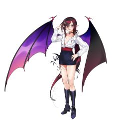 Rule 34 | 1girl, absurdres, bad id, bad pixiv id, bat (animal), bat wings, black footwear, black hair, boots, choker, collarbone, flat chest, full body, hair between eyes, hand on own hip, high heels, highres, knee boots, lady bat, long hair, looking at viewer, mermaid melody pichi pichi pitch, multicolored hair, ohisashiburi, open mouth, pencil skirt, pointy ears, ponytail, purple eyes, purple hair, sash, sidelocks, simple background, skirt, smile, solo, standing, teeth, thighs, very long hair, white background, wings
