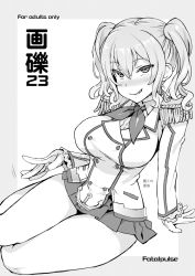 Rule 34 | 10s, 1girl, asanagi, blush, breasts, circle name, commentary request, epaulettes, fang, fang out, full body, gloves, greyscale, hair between eyes, jacket, kantai collection, kashima (kancolle), large breasts, long sleeves, military jacket, miniskirt, monochrome, naughty face, neckerchief, sitting, skirt, smile, solo, translation request, twintails, two side up, white jacket