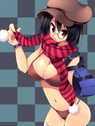 Rule 34 | 1girl, bag, bikini, black hair, breasts, cabbie hat, cleavage, glasses, hat, highres, hoppege, large breasts, miyasu risa, navel, red eyes, scarf, solo, striped clothes, striped scarf, swimsuit, thighhighs, watch, wristwatch