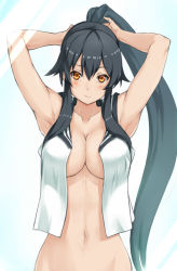 Rule 34 | 10s, 1girl, armpits, black hair, bottomless, breasts, cleavage, kantai collection, large breasts, long hair, navel, out-of-frame censoring, peperoncirno, personification, ponytail, red eyes, solo, yahagi (kancolle)