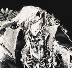 Rule 34 | 1boy, alucard (castlevania), black background, castlevania: symphony of the night, castlevania (series), chain, closed mouth, dhampir, flower, greyscale, half-human, hatching (texture), highres, jeto (jetopyon), long hair, male focus, monochrome, painterly, simple background, solo, undead, upper body, vampire