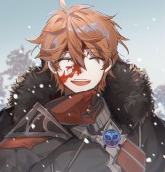 Rule 34 | 1boy, arm up, black coat, blood, blood on face, closed eyes, coat, commentary, earrings, fur-trimmed coat, fur-trimmed hood, fur trim, genshin impact, gloves, grey sky, hood, jewelry, kusogametaku, male focus, military, military uniform, open mouth, orange hair, outdoors, red gloves, short hair, single earring, sky, smile, snow, snowing, solo, symbol-only commentary, tartaglia (genshin impact), teeth, tree, uniform, upper body, upper teeth only, vision (genshin impact), winter