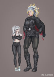 Rule 34 | 2girls, abs, alternate universe, arms under breasts, bare shoulders, belt, belt buckle, black belt, black capelet, black footwear, black gloves, black jacket, black pants, black shorts, black sports bra, blonde hair, blue eyes, boots, breast pocket, breasts, buckle, capelet, cleavage, colored tips, commentary, contrapposto, crossed arms, elbow gloves, english commentary, eyepatch, full body, gloves, hair between eyes, halterneck, hands on own hips, high ponytail, highres, horns, jacket, knee boots, kuon (kwonchanji), large breasts, lips, long hair, long sleeves, looking at another, messy hair, multicolored hair, multiple girls, muscular, muscular female, navel, nose, pants, pantyhose, pocket, red capelet, red eyes, rwby, scar, scar across eye, scar on arm, scar on stomach, shoes, short shorts, shorts, sidelocks, simple background, skin tight, sneakers, sports bra, tall female, thick thighs, thighs, two-sided capelet, two-tone hair, very long hair, weiss schnee, white footwear, white hair, white horns, yang xiao long, yoga pants